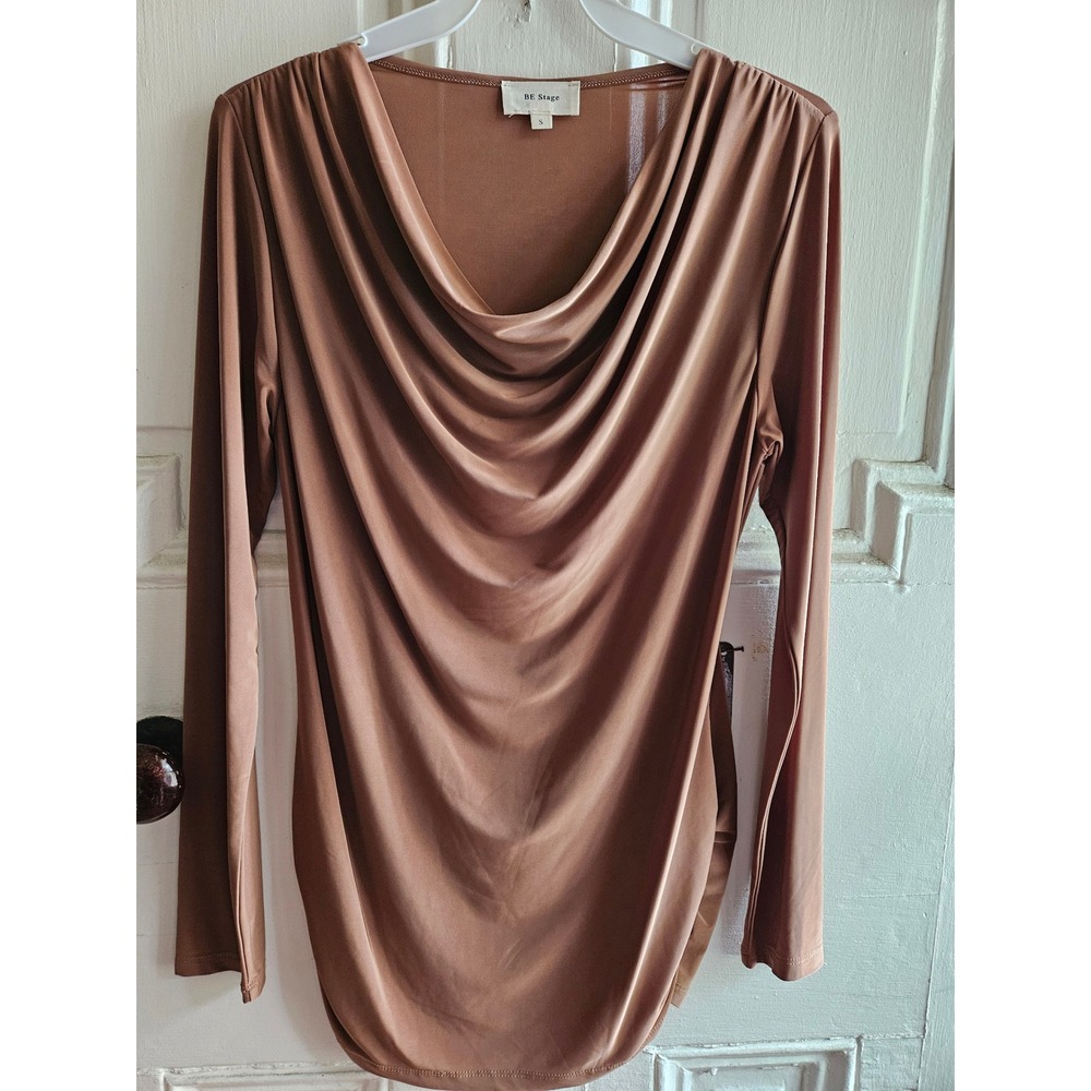 BE Stage Womens Cowl Neck Long Sleeve Top Bronze Tan Ruched Slinky Blouse Small